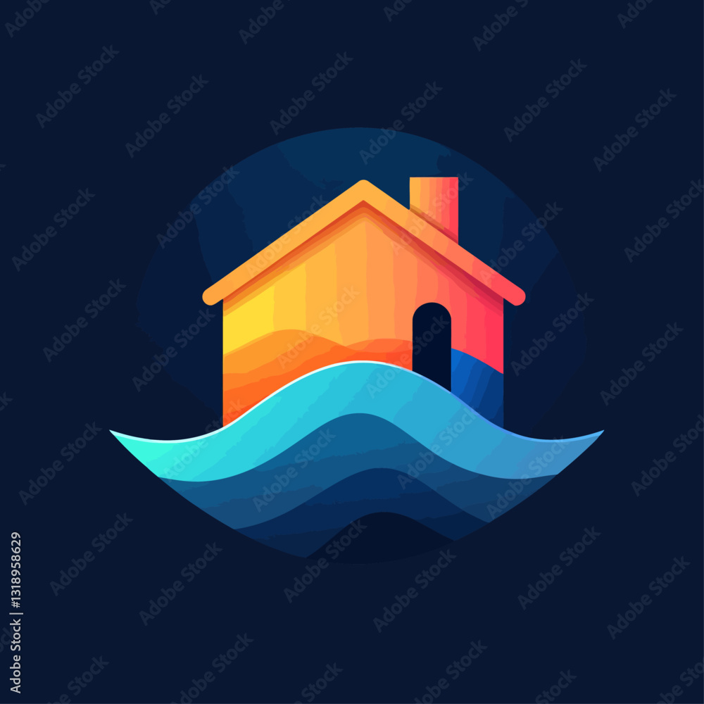 Aufkleber gradient home icon floating on water waves - minimalist vector design