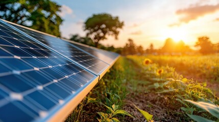 Solar panels in a sunlit field at sunset.