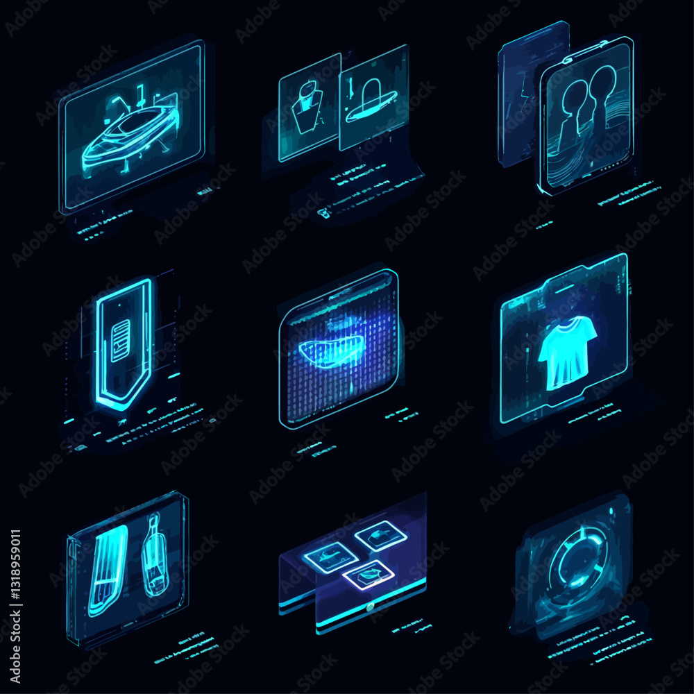 Poster futuristic ui elements holographic display of common objects in blue hues