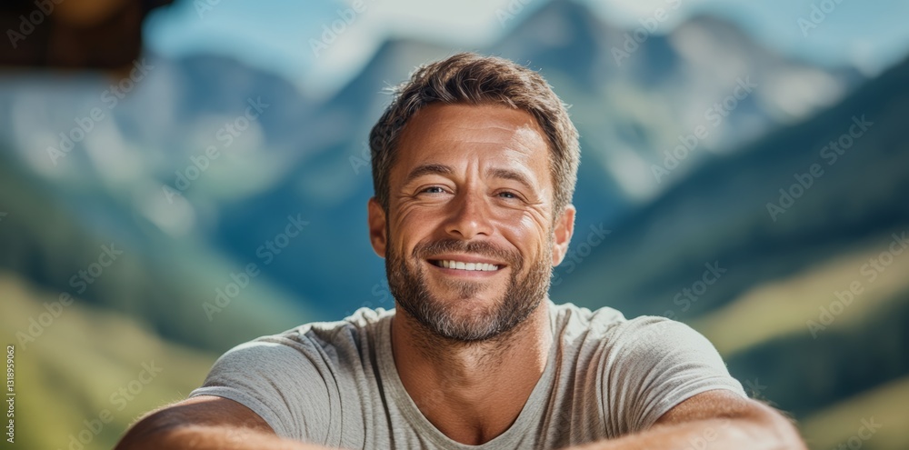 Poster man with a beard and a smile is sitting on a hillside. the mountains in the background create a sere