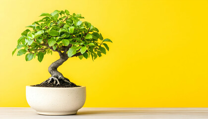 Small bonsai tree in a white pot against a bright yellow background
