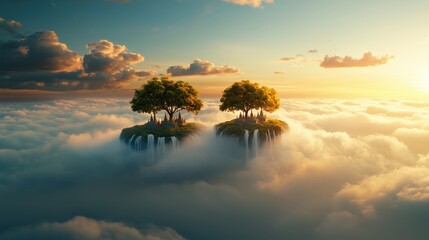 Floating islands with trees above a dreamy cloudscape.