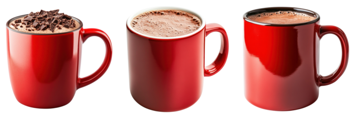 Three red mugs filled with hot chocolate, one topped with chocolate shavings