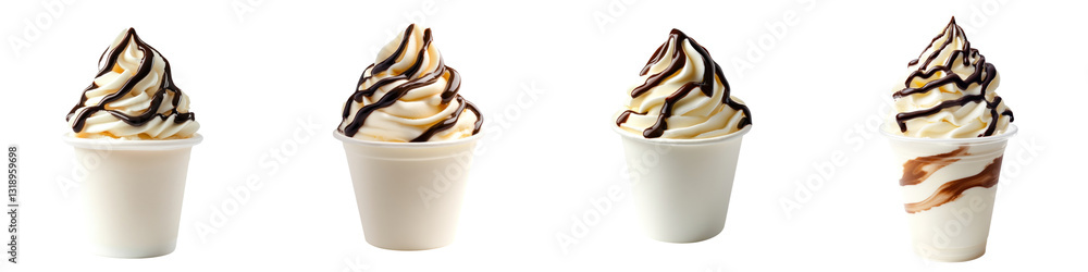 Poster Four vanilla soft serve ice creams with chocolate syrup in cups on transparency background