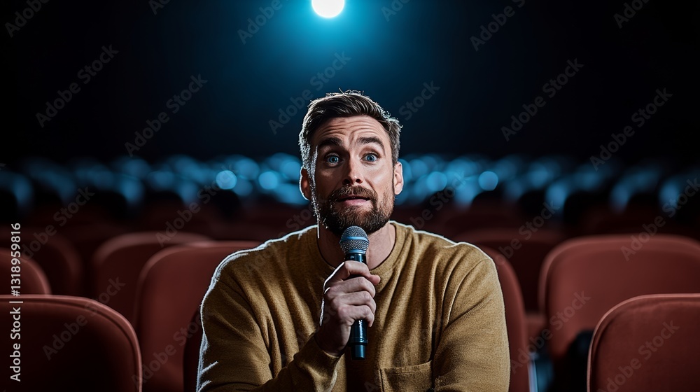 Poster man with a microphone is sitting in a theater. he is looking at the camera with a serious expression