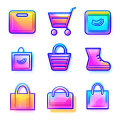 Neon Shopping Icons: Bags, Cart, and More for Online Retail and Fashion