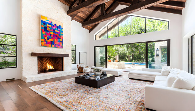 Spacious modern living room with fireplace, large windows, and a colorful abstract art piece