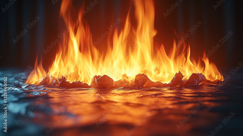 Poster vibrant flame flickers on crumpled paper, illuminating dark surroundings with its intense heat and g
