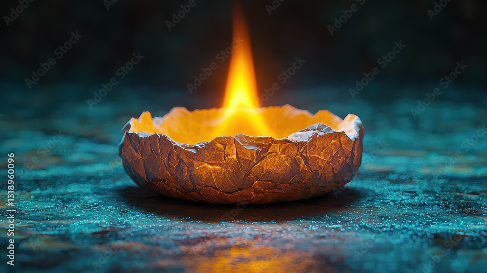Poster vibrant flame flickers on crumpled paper, illuminating surroundings with warmth and light. unique te