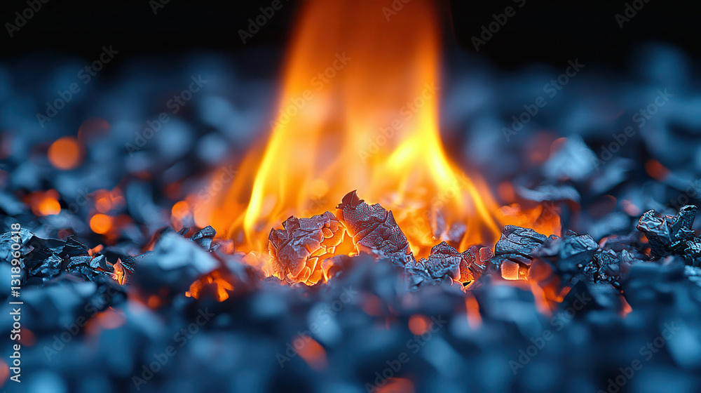 Poster orange glow of flame flickers over pile of glowing embers, creating mesmerizing display of heat and 