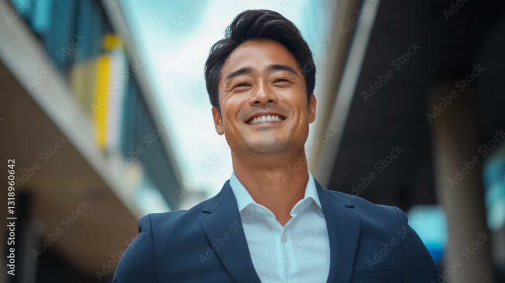 Poster man in a suit and tie is smiling and looking up at the camera. he is happy and confident