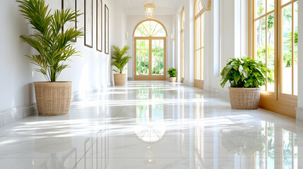 Sun-drenched, elegant hallway with marble floors and lush greenery