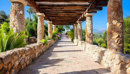 Sun-drenched walkway under a wooden pergola,  lined with stone walls and lush greenery
