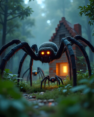 "From the dense blocky jungle, a realistic spiderling and its mother emerge with dozens of other realistic spiders. Their detailed fur and glowing eyes contrast with the blocky background. The spiders