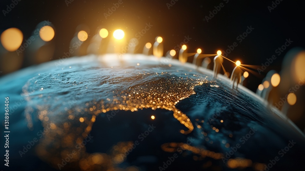 Poster illuminated globe with network connections at dawn.