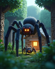 "From the dense blocky jungle, a realistic spiderling and its mother emerge with dozens of other realistic spiders. Their detailed fur and glowing eyes contrast with the blocky background. The spiders