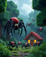 "From the dense blocky jungle, a realistic spiderling and its mother emerge with dozens of other realistic spiders. Their detailed fur and glowing eyes contrast with the blocky background. The spiders