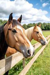 Obraz premium Two horses, heads leaning on a rustic wooden fence, in a lush green field under a partly cloudy sky