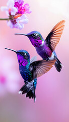 Obraz premium Two vibrant hummingbirds in flight amidst a soft pink floral background