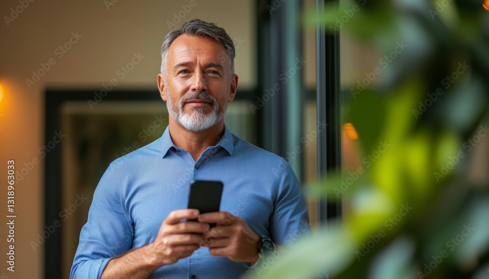 Poster man is holding a cell phone and smiling. he is standing in front of a plant. scene is happy and rela
