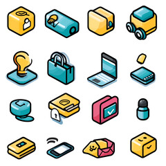 Isometric icon set featuring business, communication, and technology elements