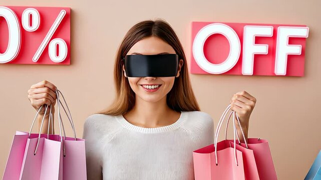 A woman wearing a black blindfold while holding shopping bags in front of a big "50% OFF" discount sign, representing consumerism, marketing, and impulsive shopping habits, sale