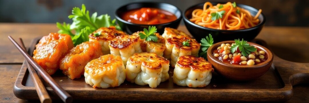 Assortment of Korean appetizers, chopsticks, wooden backdrop, food background, chopsticks, food styling
