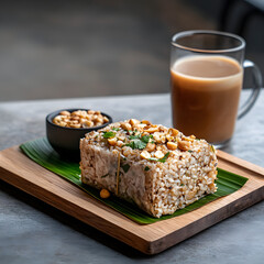 Crispy rice dish with peanuts and a cup of tea