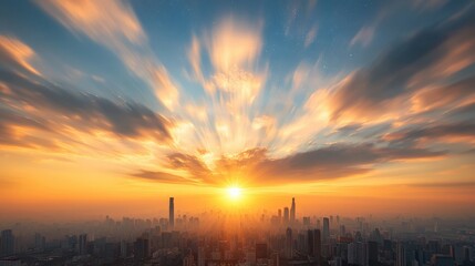 Vibrant sunset over a city skyline with dramatic clouds.