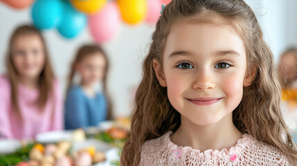 A smiling girl in a pastel sweater stands in front of a festive table, with balloons and friends celebrating a birthday or special occasion.