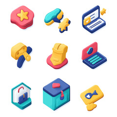Isometric vector icons set, star, tools, laptop, bag, lunchbox, and fish.
