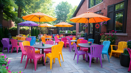 Vibrant outdoor patio with colorful furniture under umbrellas