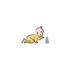 baby mascot crawling love milk comfortable, cute baby logo design , Child logo crawling to milk bottle logo template