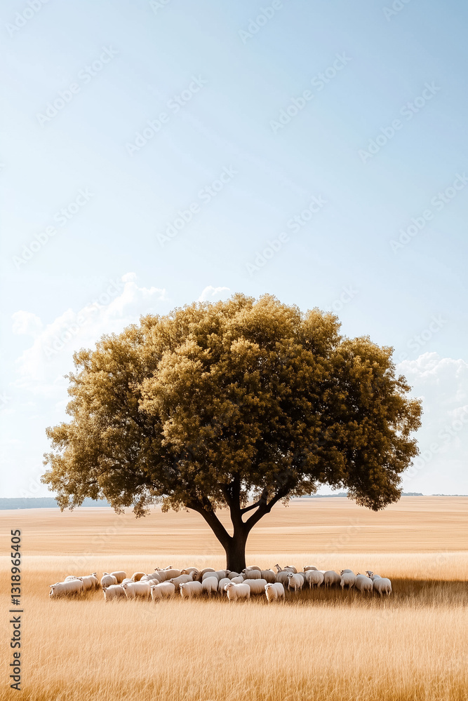 Poster a flock of sheep enjoys a peaceful rest underneath a large tree, providing respite from the warmth. 