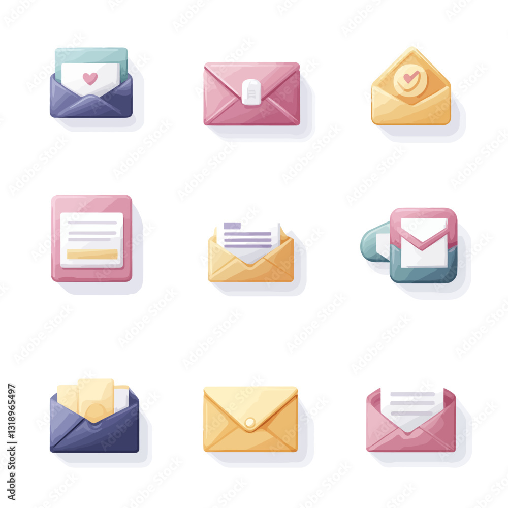 Poster stylized email icons for digital communication, vector letters and messages