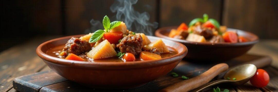 Steaming amala, ewedu, and rich meat stew served in earthy ceramic bowls on wood , Ewedu, comfort food, rustic