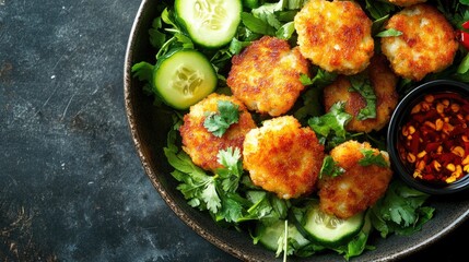 Crispy Golden Fish Cakes Served on Fresh Greens with Slices of Cucumber and Chili Sauce in Dark Bowl