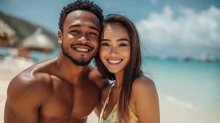 Fototapeta premium Man and woman are smiling at the camera on a beach. The man is wearing a shirt and the woman is wearing a yellow dress. Scene is happy and relaxed