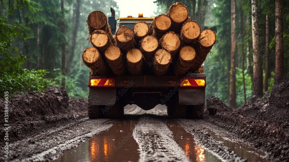 Poster truck is driving down a muddy road with a load of logs on the back. the scene is dark and gloomy, wi