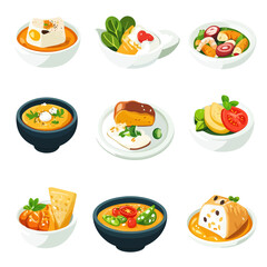 Variety of Delicious and Colorful Soup and Salad Dishes Collection
