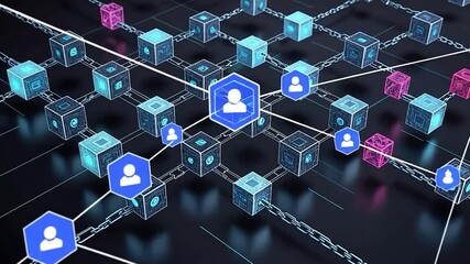 Blockchain network with user icons and chain connections, digital security - Powered by Adobe