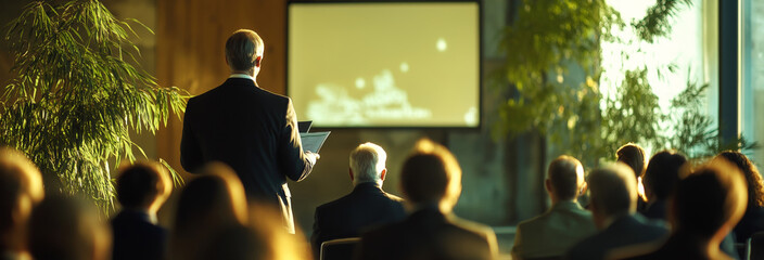 speaking at a conference, a lot of people in the office room are listening to the speech of a business coach near the screen