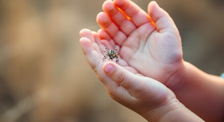 Child's hands gently holding small insect, showcasing curiosity and care