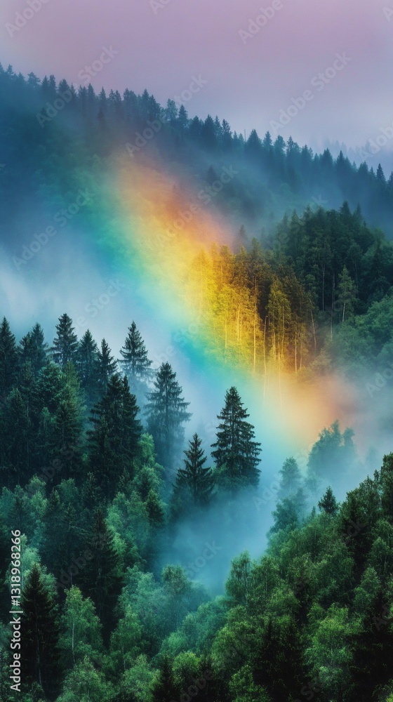 Aufkleber Vibrant colors burst through a dense forest as a rainbow emerges from the mist. Trees stand tall beneath the ethereal light, creating a magical atmosphere at dawn