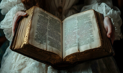 Fototapeta premium A young woman in a white dress holds an antique book with gold-leaf edges, its pages filled with aged text. The image evokes a sense of history and mystery