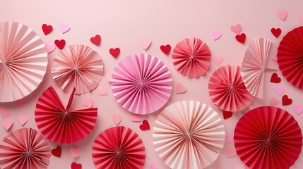 Fototapeta premium A heap of gentle pink and red hearts formed by Chinese paper fans are flying on a soft pink color background, serving as an eye-catching header. The delicate hearts, with their charming pink and red 
