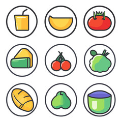 Assorted Food Icons Collection with Juice Melon Tomato and Cherries Icon