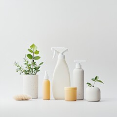 White and Yellow Cleaning Product Bottles with Green Plants on White Background