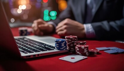 Naklejka premium A man in a suit playing poker on his laptop, with cards and chips lying next to the red table.
