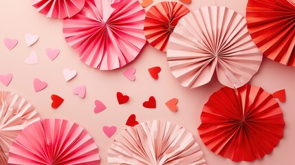 Obraz premium A heap of gentle pink and red hearts formed by Chinese paper fans are flying on a soft pink color background, serving as an eye-catching header. The delicate hearts, with their charming pink and red 